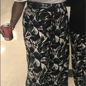 Black, green and white floral wide leg pants
